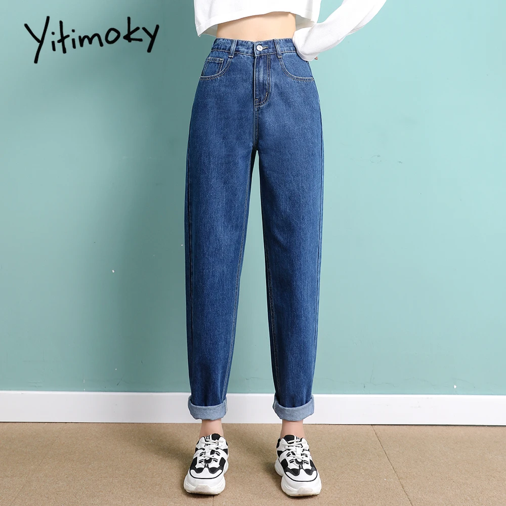 Mom Jeans Denim Pants Vintage Streetwear Yitimoky Sky-Blue High-Waist Straight Plus-Size