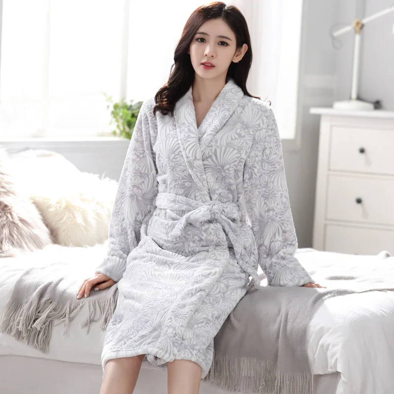 woman light gray Ночное белье, халат, ночная рубашка для мужчин/женщин, для влюбленных, парный халат, зимнее плотное теплое белье - Цвет: woman light gray
