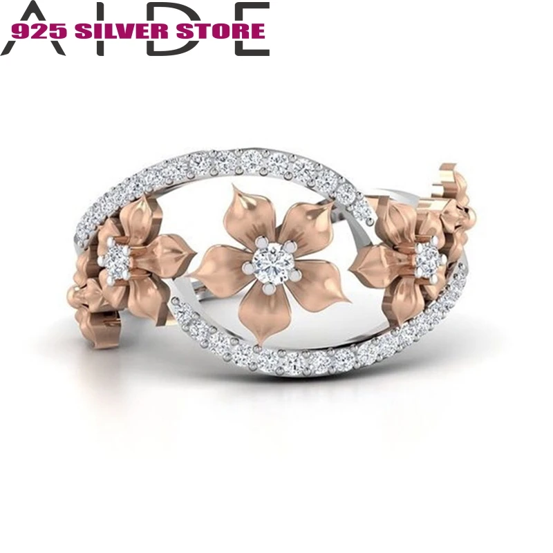 

Aide Rose Gold Flower Womens Ring Wedding Ring with AAA zirconia Hollow Finger Gem stone Rings Size 6-10 Party Jewelry bague R4