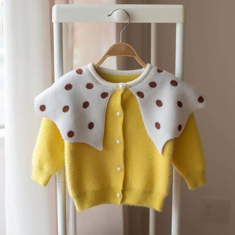 Humor Bear/новая осенне-зимняя детская одежда в Корейском стиле Детский свитер кардиган в горошек с воротником для девочек, Детский комплект из 2 предметов - Цвет: yellow