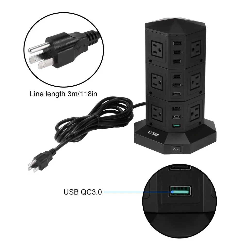 LESHP USB умная зарядная розетка, 3 слоя, 9 usb-портов, быстрая зарядка, силовая полоса, 3M кабель, защита от перенапряжений, энергосбережение