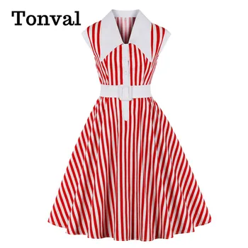 

Tonval White and Red Striped Vintage Button Up Rockabilly Dresses for Women Cap Sleeve Cotton A Line Belted Dress