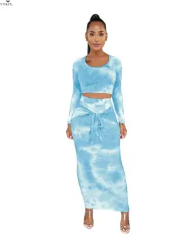 

Women Two Piece Outfits Tie Dye Print Skirt Suit Long Sleeve Two Piece Set Crop Top Maxi Skirt Club Outfits Two Piece Skirt Set