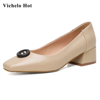 

Vichelo Hot 2020 new arrival genuine leather small square toe med heel bottom young lady daily wear high fashion women pumps L42