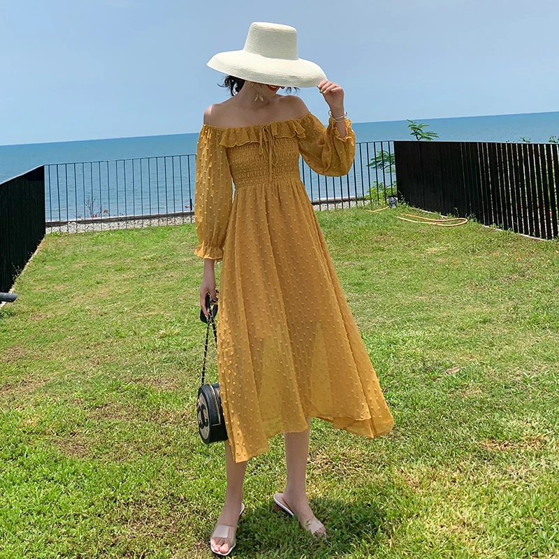 Summer Autumn Women Yellow Vacation Long Dress Elegant Casual Fairy Lady Party Dress Vintage Long Sleeve Korean Runway Vestidos