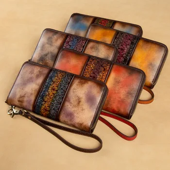 

Genuine Leather Women's Long Wallets Vintage Embossed Purse Fashion Zipper Coin Purse Simple Multi-card Slot Handmade Clutch Bag