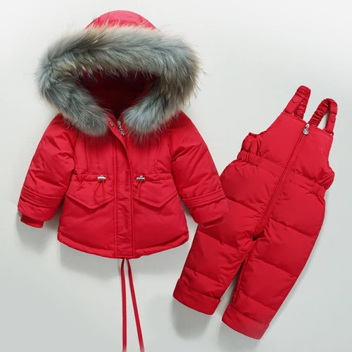 Winter Children's Clothing Set Suit Down Jacket+ Bib PantsTwo-piece Boy Girl-30 Winter Outerwear Snowsuit Ski Suit Thickened - Цвет: Красный