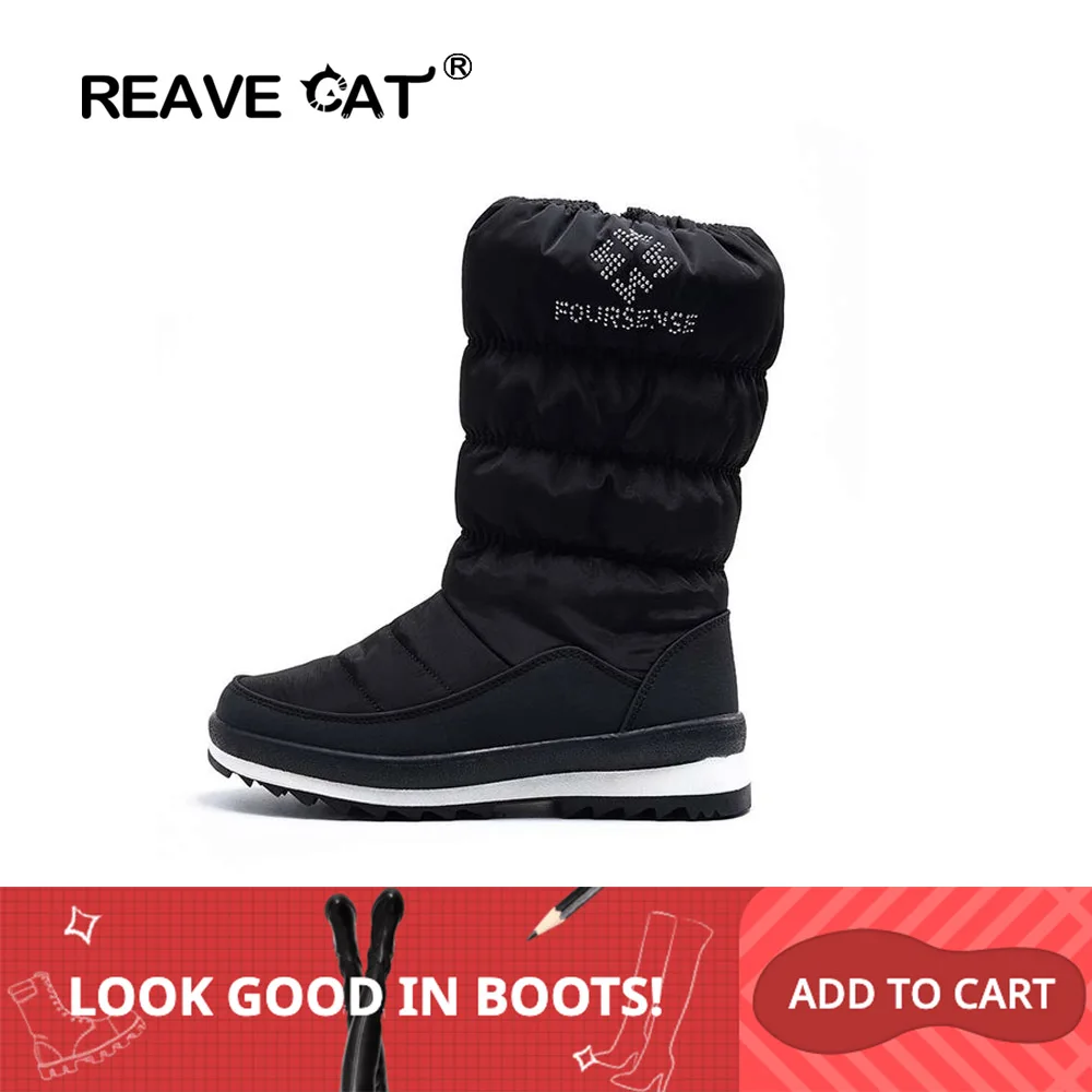 REAVE CAT/Большие размеры 36-41; новые теплые зимние сапоги; женские сапоги на платформе на молнии; однотонные Водонепроницаемые зимние сапоги до середины икры на толстом меху