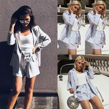 

New Autumn Fashion 2pcs/Set Women Vintage Striped Long Sleeve Set Casual Long Sleeve Jacket Coat Shorts Outfit