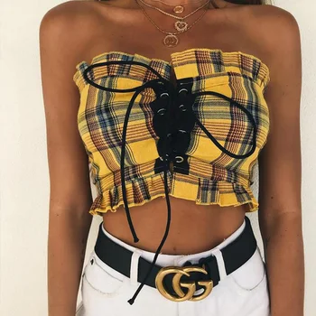 

Strapless Check Exposed Navel Vest Small Wrapped Chest Women's Summer Ruffled Lace-Up Chest Wrapped Sexy Short Tube Top