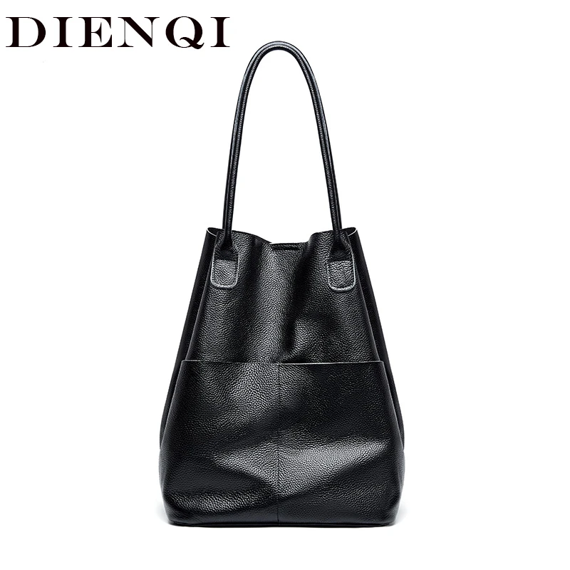 DIENQI, высокое качество, большая вместительность, натуральная кожа, сумки на плечо для женщин,, роскошные модные женские сумки, черный мешок