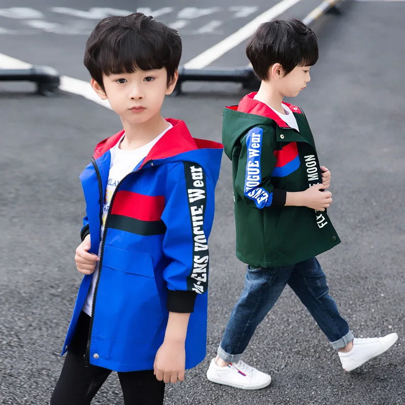 

2019 New Style BOY'S Spring And Autumn Korean-style CHILDREN'S Hooded Jacket Mid-length Casual Lettered Trench Coat a Generation