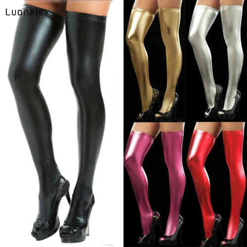 

Luonalex Fashion Women PU Leather Stockings Over Knee Socks Long Boot Thigh-high Stockings Black Red Silver Gold Sexy Stocking