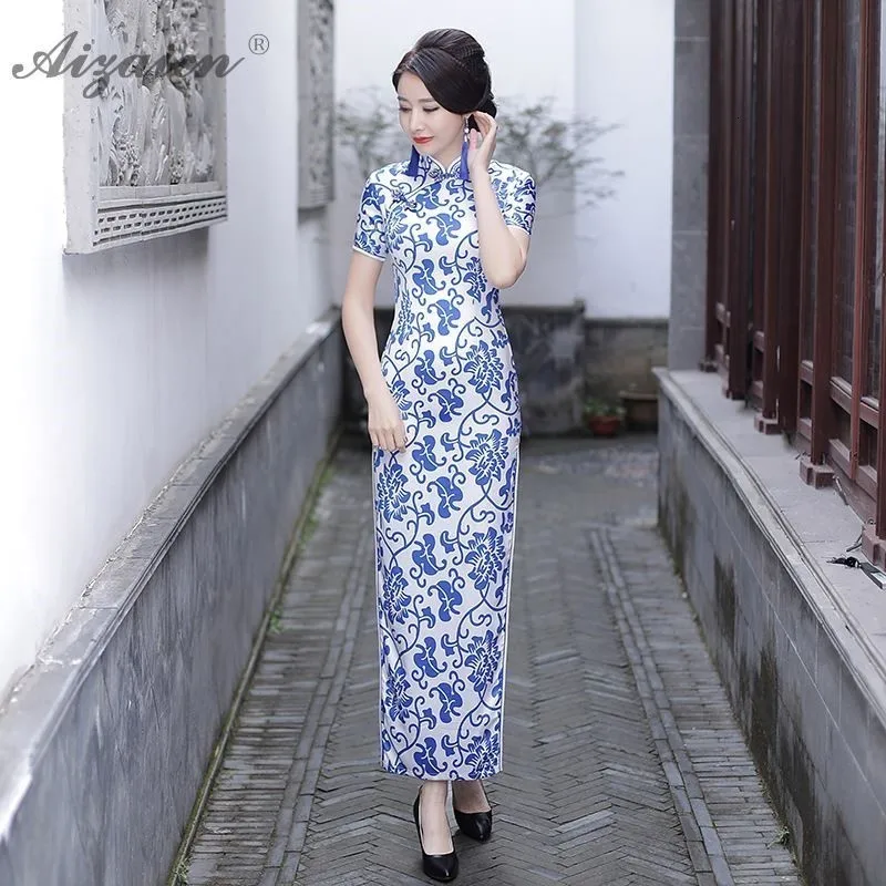 Весна лето синий белый мода Cheongsam Длинные платья для женщин китайское традиционное платье Qipao Chinoise размера плюс вечернее платье