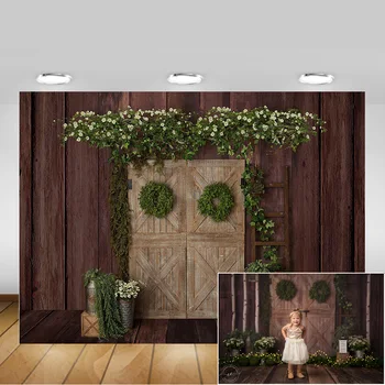 

Green Grass Children Birthday Photo Backdrop Rustic Wooden Wall Wreath Christmas Background Flowers Newborn Portrait Photocall