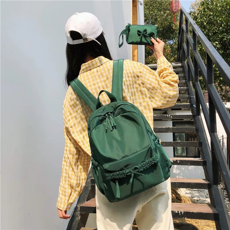 

Boutique Backpack WOMEN'S Bag Fashion Bow Nylon Backpack Large Capacity Two-Piece Set Schoolbag