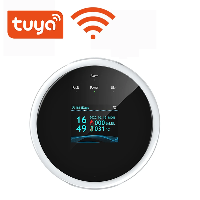 Tuya Smart Wifi Natural Gas Alarm Sensor With temperature function Combustible Gas Leak Detector LCD Display with time display security panic button