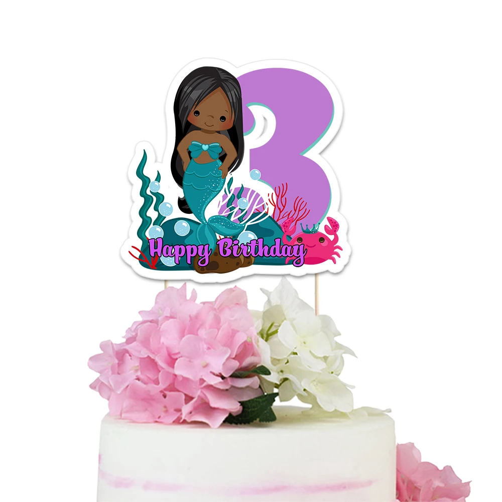 Mermaid Theme Party Paper Cake Topper Black Hair Girl Mermaid Kids Event Birthday Party Decorations Supplies Custom-Made Topper - Цвет: happy birthday3