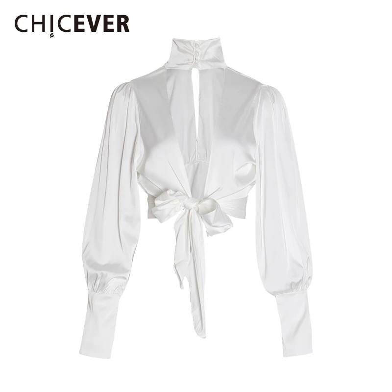 

CHICEVER Sexy Satin Bowknot Shirt For Women Turtleneck Lantern Sleeve Bandage Korean Short Blouse Female Autumn 2019 Fashion New