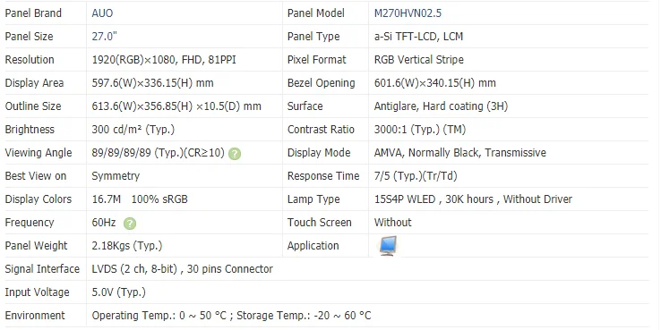 레노버 A540/740 타입 F0AN용 AUO LCD 스크린, 비접촉, 27 인치 M270HVN02.3 M270HVN02.0 M270HVN02.1 M270HVN02.5 M270HVN02.2