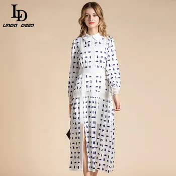 

LD LINDA DELLA Spring Fashion Runway Dress Women Long Sleeve Hollow Out Patchwork Print A-Line Ladies Vacation Long Dresses