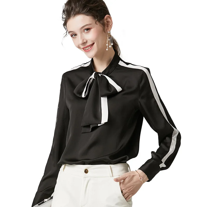 Белая шелковая блузка, свободные женские топы, женские рубашки с длинным рукавом, воротник-бант, высококачественная одежда, Элегантная блузка контрастного цвета