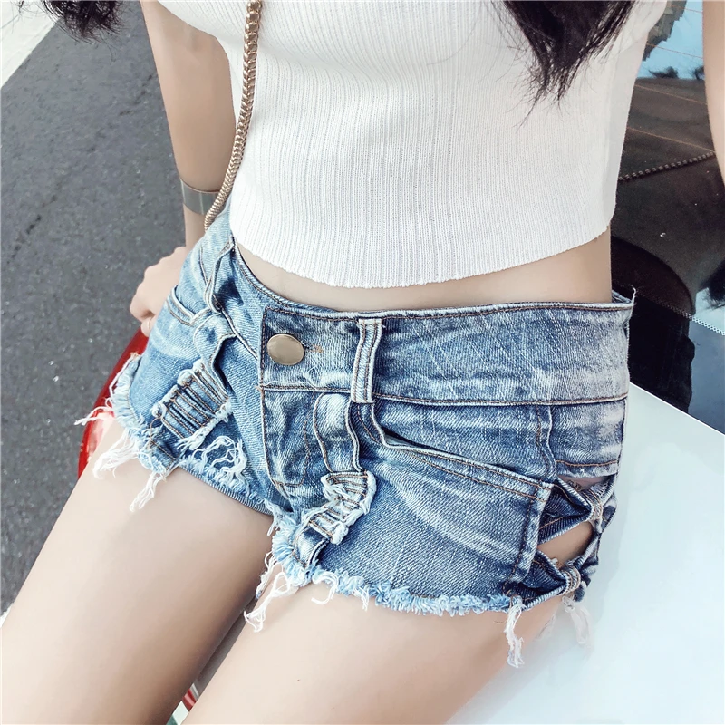 

Micro Thong Women Girls Mini Shorts Sexy Cotton Denim Shorts Jeans Femme Low Waist Holes Korean Fashion Ripped Jhotpants Blue