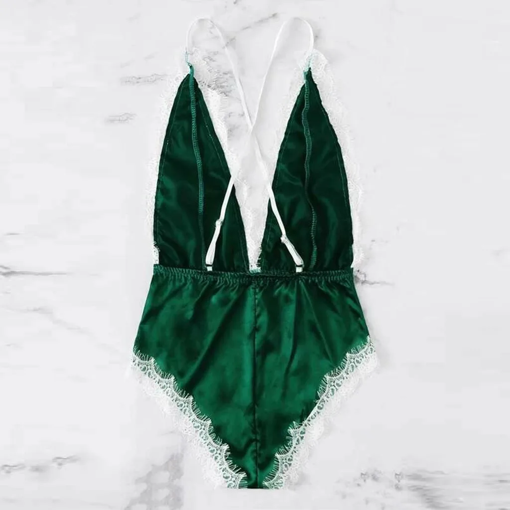Green Сексуальное женское белье, женская пижама, атласное Кружевное боди с v-образным вырезом, комбинезон с открытой спиной, пижама, женское белье, пижама - Цвет: Green