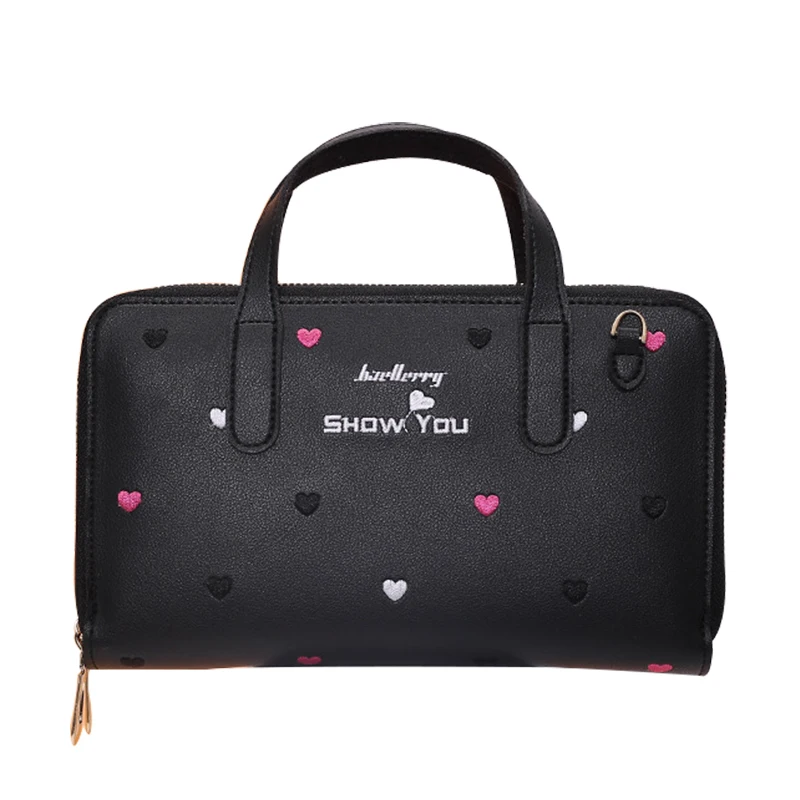 Маленькая милая сумка-мессенджер, женская сумка с вышивкой в виде сердца, женская сумка через плечо из искусственной кожи, женские сумки на плечо, подарок для девочек - Цвет: Черный