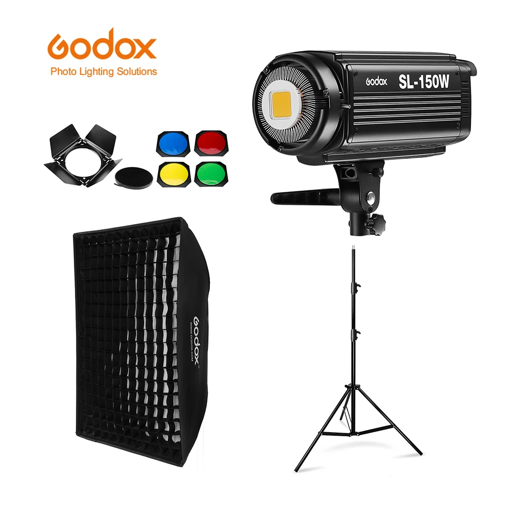 Godox SL-150W SL150W 5600K White Version LCD Panel Continuous LED Video Light + 70x100cm softbox + 2.8m Light Stand + Barn Door