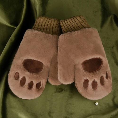 Brown New Winter Gloves Women Mittens Bear Claw Rabbit Velvet Inside Arctic Velvet Thickened Dual-layer Hang on Neck Type Mittens - Цвет: Brown