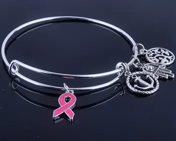 

Fashionable Breast Cancer Awareness charms Bangle with silk ribbon & life trees charms jewelry for women B019