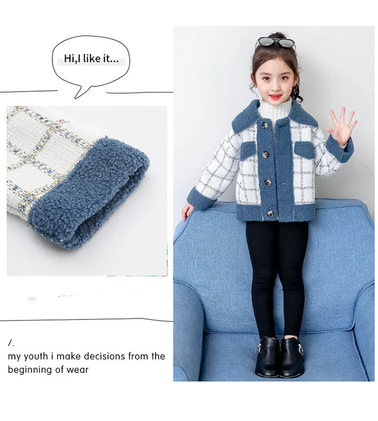 winter England little CC style Artificial lamb fur classic grid warm sweet turn-down collar jacket outwear for teenage girls