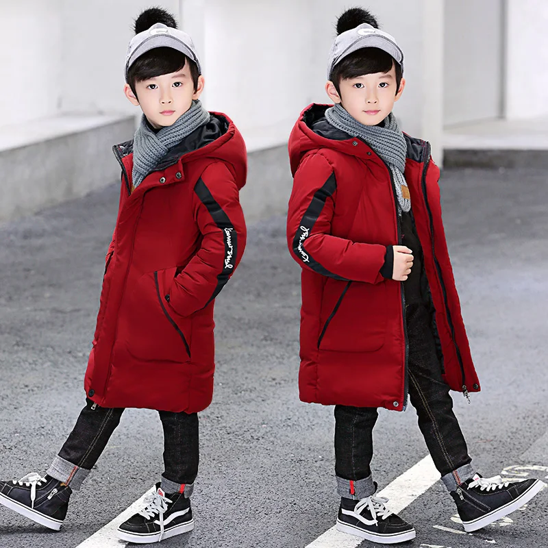 Зимние пальто для мальчиков пуховые парки для подростков детская зимняя верхняя одежда, куртки теплое плотное длинное пальто с капюшоном и надписью для детей, От 4 до 16 лет - Цвет: Red