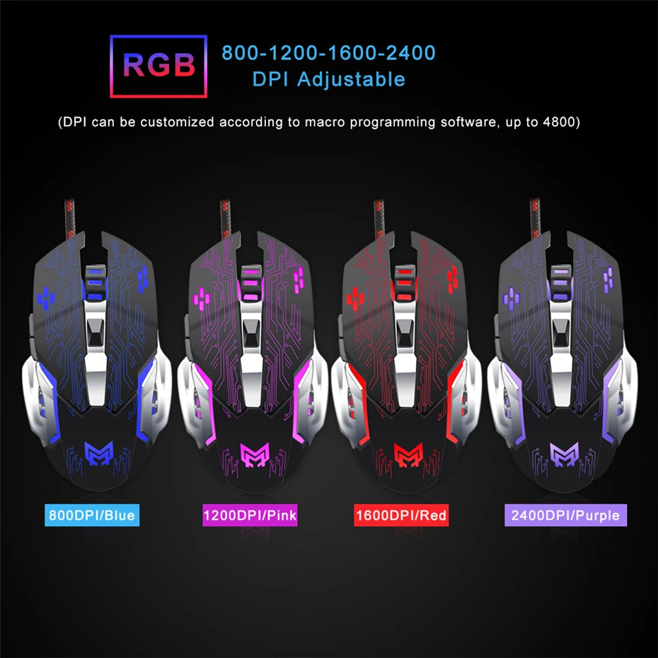 Anmck Silent Click USB Wired Gaming Mouse 6 Buttons 4800DPI Mute Optical Computer Mouse Gamer Mice for PC Laptop Notebook Game