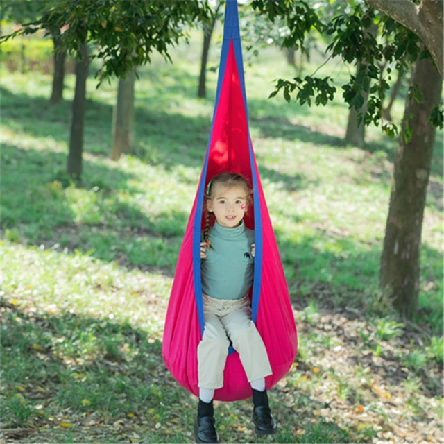 Kids Pod Swing Seat 100% Cotton Hammock Chair Portable Decor Home Space Saving  Indoor Outdoor Use with PVC Inflatable Cushion SH-HS01-Rose Red