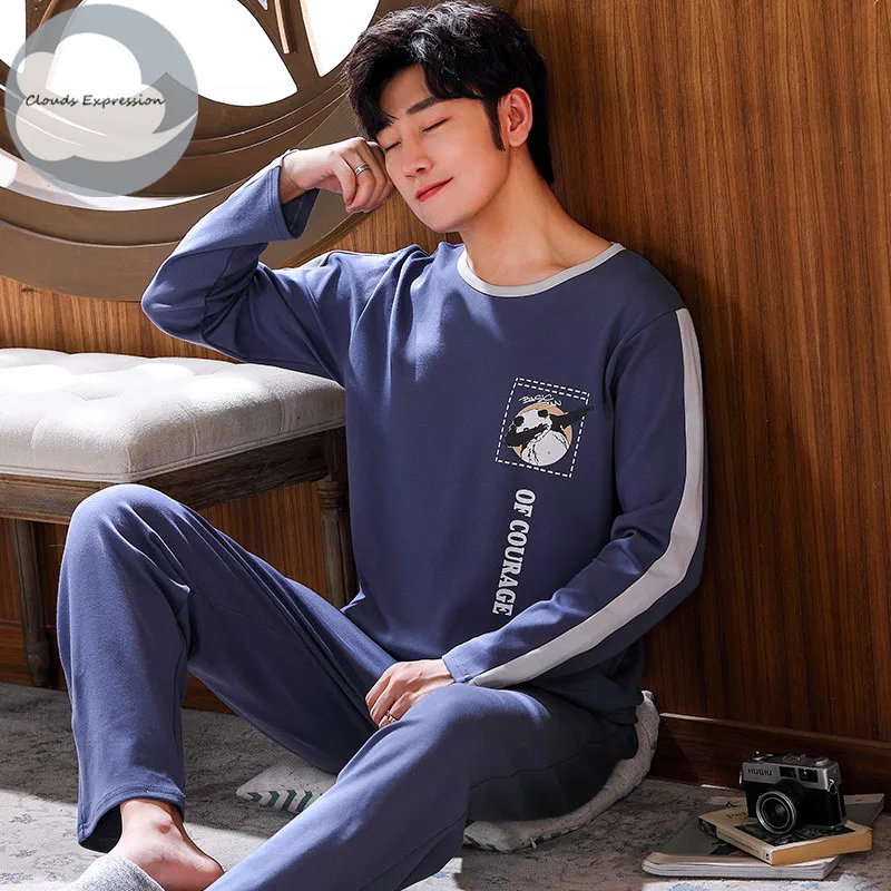 Spring Autumn Knitted Cotton Cartoon Men's Pyjamas Striped Pajamas Set Casual Male Sleepwear Pyjama Night Pijamas 3XL Homewear red pajama pants