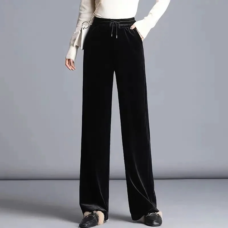 Gold Velvet Wide-Leg Pants Women Fall/Winter Fleece/No Velvet Drape High-Waist Straight-Leg Trousers Loose Casual Pants