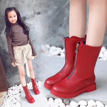 

Girls Winter Red Boots Children Shoes Kids Snow Boots Front Zipper Soft Leather Plush bota menina Warm Xmas gift