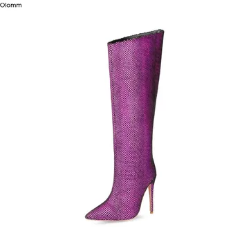 

Olomm Women Winter Knee High Boots Thin High Heels Boots Pointed Toe Gorgeous Fuchsia Blue Silver Party Shoes Women US Size 4-13