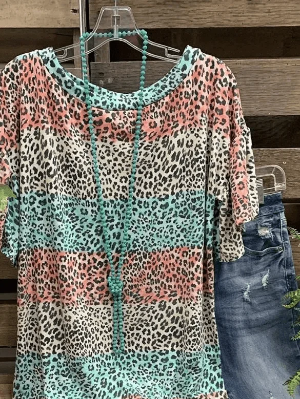 2020 New Arrival Leopard Printed Tops Tee Shirts Casual Flare Sleeve T-shirt For Women Summer O-neck Leopard Print Top Femme