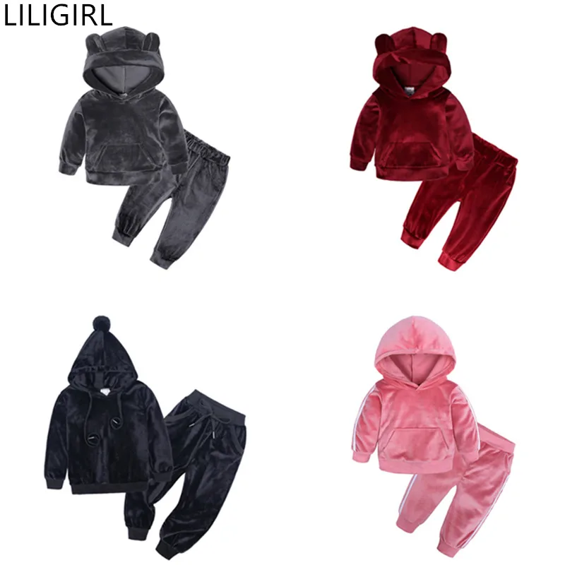 LILIGIRL/Бархатный комплект одежды с капюшоном для маленьких мальчиков и девочек, детская куртка, пальто, штаны, костюм для малышей, детский спортивный костюм, комплект одежды