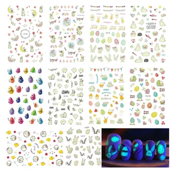

10pcs Luminous Rabbit Egg Nail Art Stickers Tips Decoration Nails Wraps Easter Egg Manicure Sticker Cartoon Self-adhesive Decal