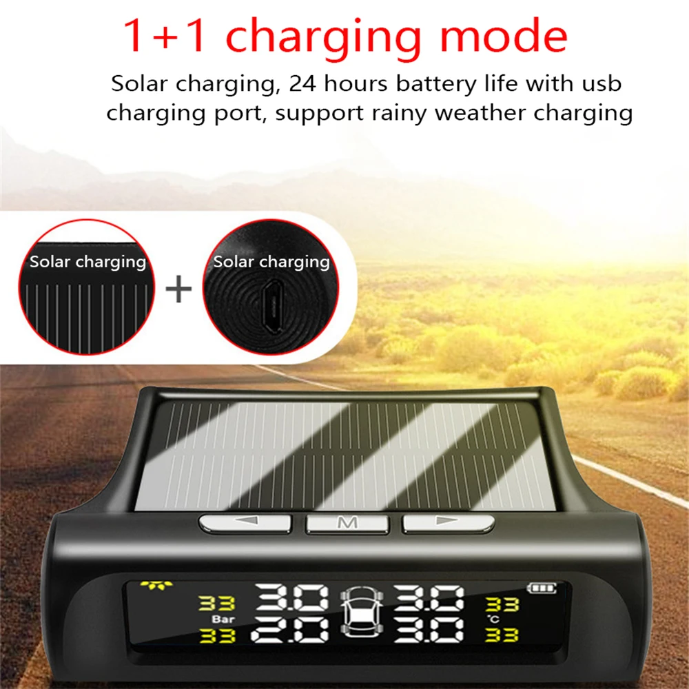 Автомобильный монитор давления в шинах цветной экран TPMS Солнечная USB внешняя