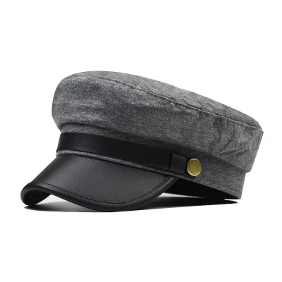 TOYOOSKY Beret Word PU Leather Flat Top Cap Cotton Wild Breathable Duck Tongue Octagonal Cap Female England Seasons Unisex - Color: Grey