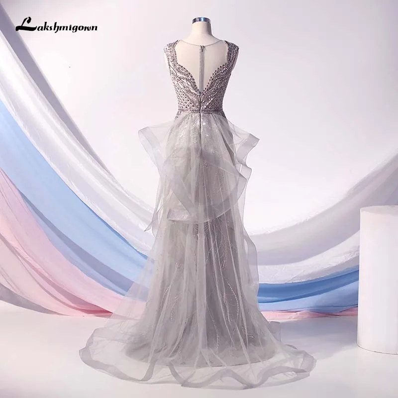 Lakshmigown, модное серебряное вечернее платье, стразы, Русалка, длинное, с оборками, тюль, с бисером, вечернее платье, Robe De Soiree, официальное, для вечеринки