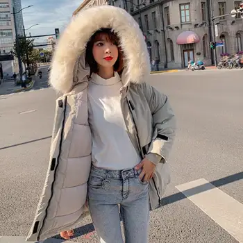 

Women Thicken Faux Fur Collar Hooded Parkas Solid Pockets Zippers Jacket Parkas Warm Casual Plus Size Overcoat