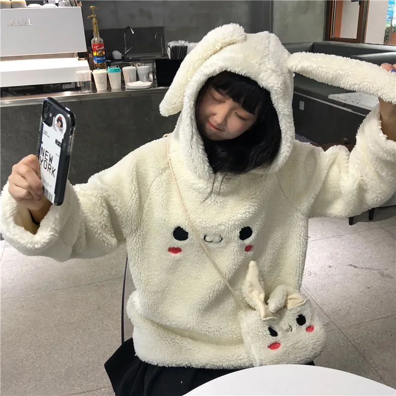 HAYBLST Брендовые женские толстовки осень зима Kpop Kawaii уши повседневные топы свободного кроя размера плюс XL одежда с длинным рукавом(сумка