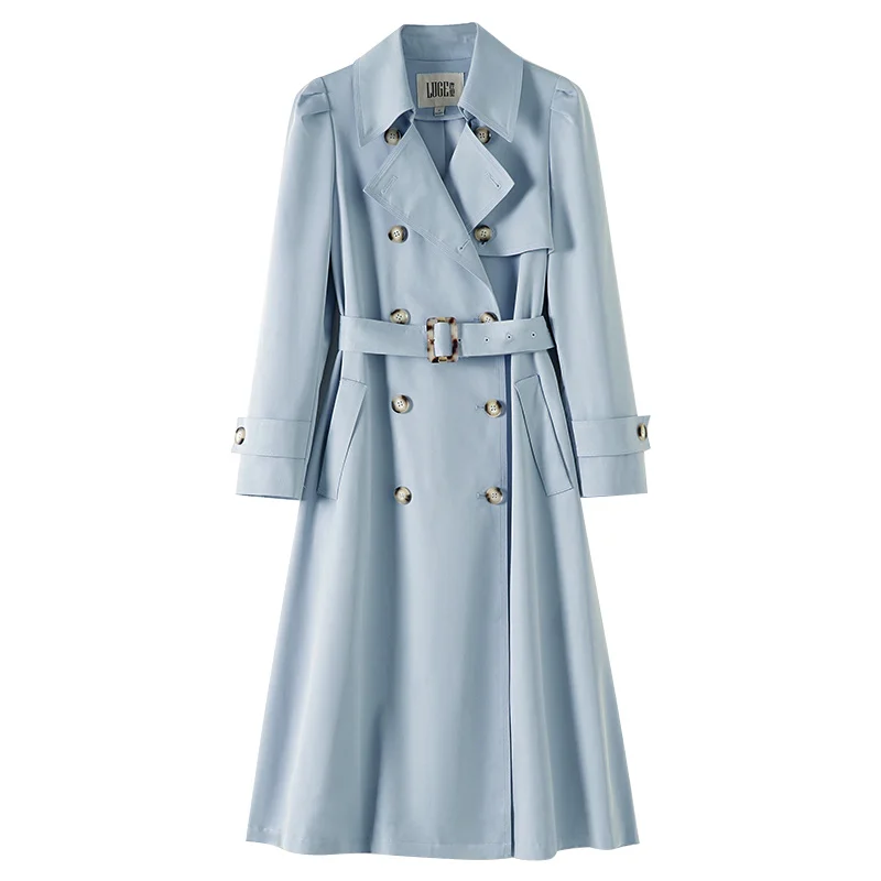 

2021 autumn new high sense British coat fashion temperament slim blue windbreaker women's middle and long style