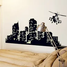 Наклейки на стену, флуоресцентные наклейки, ночной вид городской самолет, креативные наклейки на ночник, спальня, гостиная, само-a